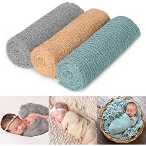 Newborn Photography Props, 3 Pcs Baby Stretch Wraps, Professional Baby Photo Props Long Ripple Wrap, for 0-6 Months Baby (Light Grey+Canal Blue+Champagne)
