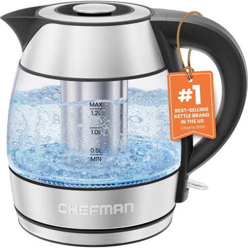 Chefman Rapid Boil 1.2L Electric Tea Kettle w/ Tea Infuser and Removable Lid - Stainless Steel, New