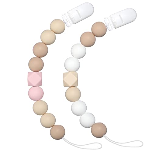 Pacifier Clip Baby Girls Binky Holder Soothie Paci Clip Silicone Bead Teething Relief Teether Toy Baby Birthday Christmas Set of 2 (Pink, Beige)