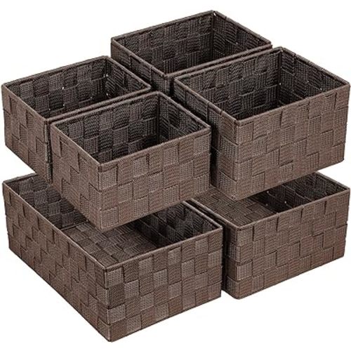 Posprica Woven Storage Baskets for Organizing 6 Pack, Large&Small Storage Cube Bins Set for Bathroom, Storage Boxes Container for Drawer, Closet, Shelf, Dresser, Brown