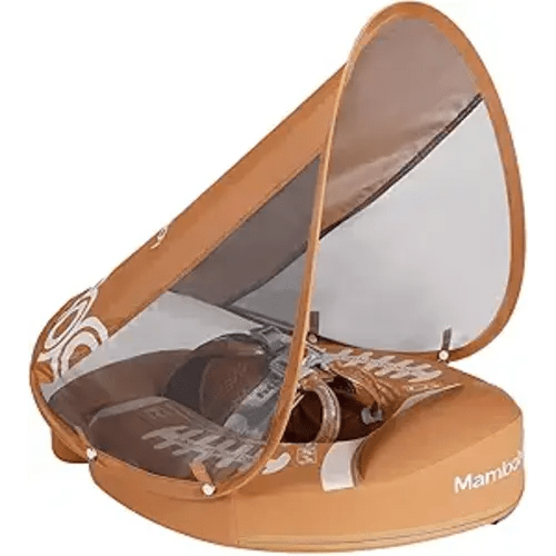 Mambobaby No-Flip Baby Pool Float with Canopy & Tail Non-Inflatable Swim Float for Infants, Pearl-Foam, UPF 50+ & Adjustable Safety Five-Way Harness, Skin-Friendly for Boys Girls 3-24 Months