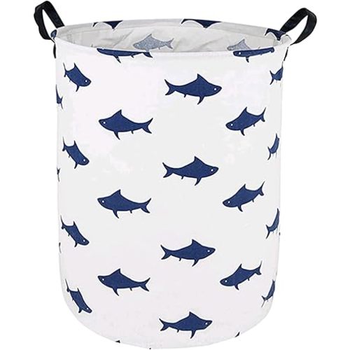Round Navy Shark Pattern Laundry Hamper Storage Basket Fabric Material Storage Hamper Organization Basket, Storage Bin, Gift Box with Handles for Room