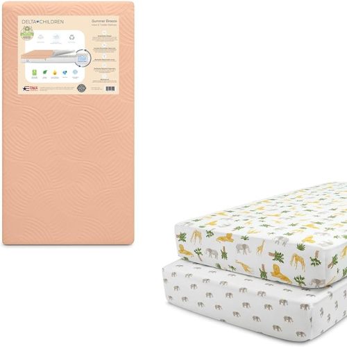 Delta Children Summer Breeze Mattress - Breathable Baby Crib & Toddler Mattress with Cloud Core + Delta Children Fitted Crib Sheets for Girls and Boys (Pack of 2), Safari Friends (Bundle) - Crib Mattress + Sheet