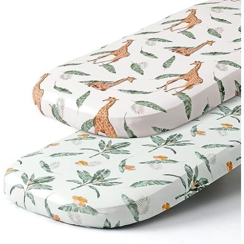 Stretch Fitted Bassinet Sheet Set BROLEX 2 Pack Cradle Sheets for Bassinet Pad/Mattress,Unisex Boys Girls,Ultra Soft,Giraffe Leaf