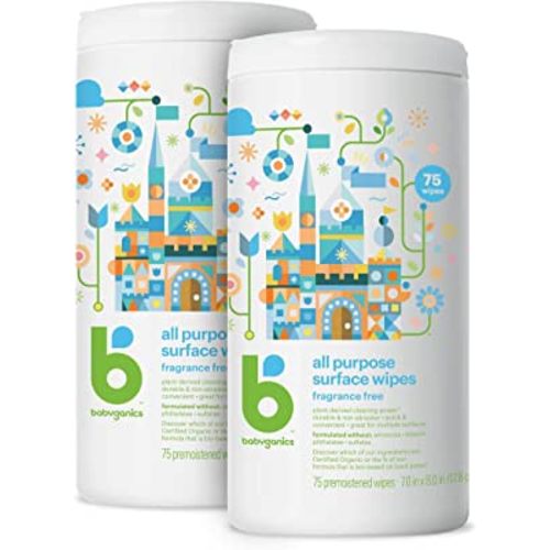 Babyganics All Purpose Surface Wipes, Fragrance Free, 75 Count (Pack of 2), Plant Based and Non-Abrasive, No Ammonia, No Bleach