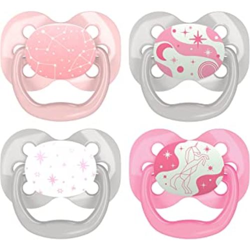 Dr. Brown's Advantage Glow-in-the-Dark Baby Pacifier, Fully Symmetrical Soother with Soft Silicone Bulb, 0-6m, BPA Free, Lavender Love and Coral Ocean, 4 Pack (Style May Vary)