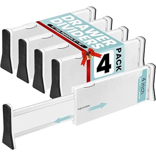 RAPTUROUS Adjustable Drawer Dividers 4 Pack, 4” High, 11-17” Long, Dresser Drawer Divider for Bedroom, Closet, Kitchen, Nursery Organization, Office, Strong & Sturdy Hold, Soft Foam Edges(White)