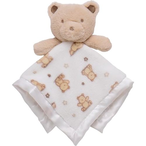 Plush Rattle Baby Snuggle Blanket with Satin, Bear Print, Tan Teddy Bear Toy (14 inch)