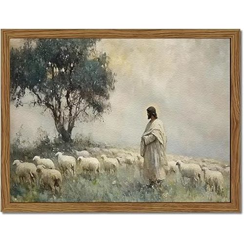 Jesus Leaves the 99 Sheep Wall Art, Frame 3D Textured Hand Drawn Sandstone Christian Wall Decor Paintings, Lost Lamb Religious Artwork for Living Prayer Room Bedroom 12x16 inch Framed