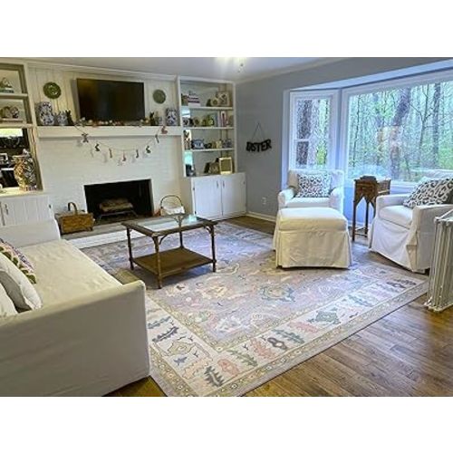 Modern Oushak Rug, Vintage Turkish Lavender Oriental Antique Inspired Washable Area Rugs, Luxury Living & Dining Room Lounge Bedroom Nursery 7'5 x 9'9