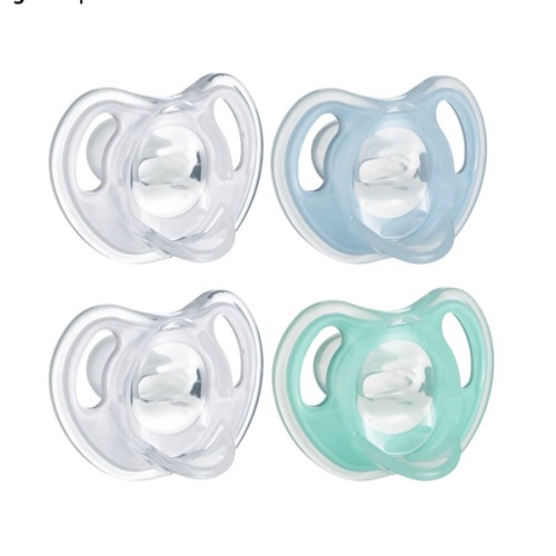 Tommee Tippee Ultra-Light Silicone Pacifier, 0-6 Months, Symmetrical One-Piece Design, BPA-Free Silicone Binkies, Clear/Blue/Green, Pack of 4