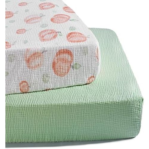 TILLYOU Muslin Crib Sheets for Boys and Girls 2 Pack, Neutral Soft Cotton Baby Crib Mattress Protector, for 52x 28 Toddler Bed, Peach dot & Light Green