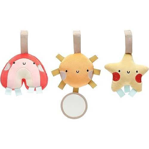 Pearhead Rainbow Sun and Stars Stroller Toys, Plush Corduroy Baby Travel Car Seat Toy Set, Baby Hanging Interactive Toys, Gender-Neutral Baby Travel Accessories, Rainbow Sun Stars Set of 3
