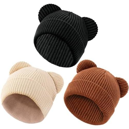 Baby Beanie Cute Toddler Winter Hat 3 Pack Soft Double Layers Knit Warm Cap for Infant Girls Boys Kids 0-8 Years