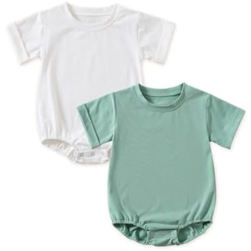 Jimonda Baby Bubble Rompers Boy Girl Solid Color T-Shirt Outfits Short Sleeve Button Bodysuit Cotton Tops Clothes 2Pcs