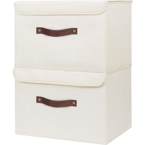 ANMINY 2PCS Storage Bins with Lid PU Leather Handles Storage Boxes PP Plastic Board Decorative Foldable Lidded Cotton Linen Fabric Home Cubes Baskets Closet Organizer Containers - Beige, Large Size - Large (Pack of 2)