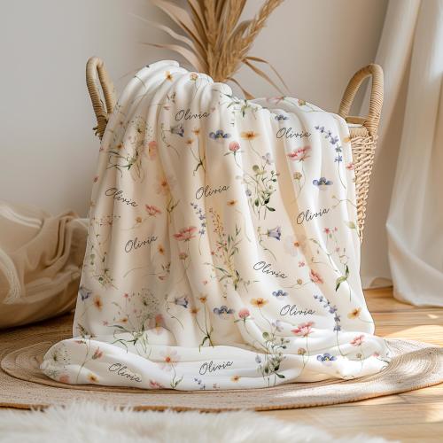 Personalized Wildflower Baby Blanket Custom Baby Shower Gift Newborn Nursery Decor Girl Minky Baby Blanket Fleece Newborn Blanket Girl C124