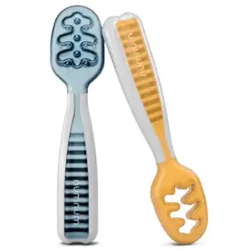 NumNum Baby Spoons Set, Pre-Spoon GOOtensils for Kids Aged 6+ Months - First Stage, Baby Led Weaning (BLW) Spoon - Self Feeding, Silicone Toddler Food Utensils - 2 Spoons, Blue/Orange