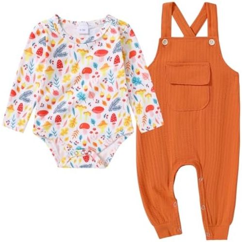 CARETOO Newborn Baby Boy Clothes Infant Boy Romper Fall Winter Outfits Bodysuit 2Pcs Striped Long Sleeve Top Overalls 0-18M