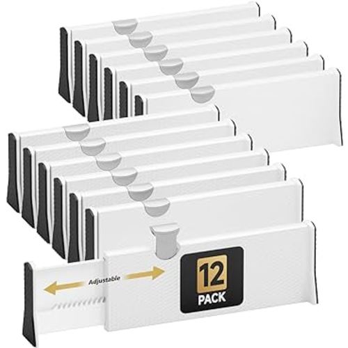 Drawer Dividers Organizer 12 Pack, Adjustable Separators 4" High Expandable from 11-17" for Bedroom, Bathroom, Closet, Clothing, Office, Kitchen (White, 12 PACK)