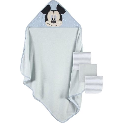 Disney Baby Mickey Mouse 4-Piece Hooded Towel & Washcloth Set, Grey, 4 Pc Set