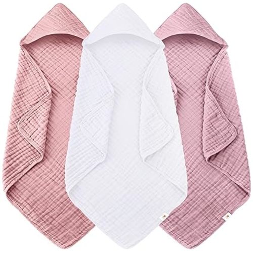 Sunny zzzZZ Muslin Hooded Baby Bath Towels - 3 Pack 100% Cotton Soft Low-Saturation Pastel Towels Including Classic White for Newborns, Infants, Toddlers - 32x32 Inch - Light Sakura and White