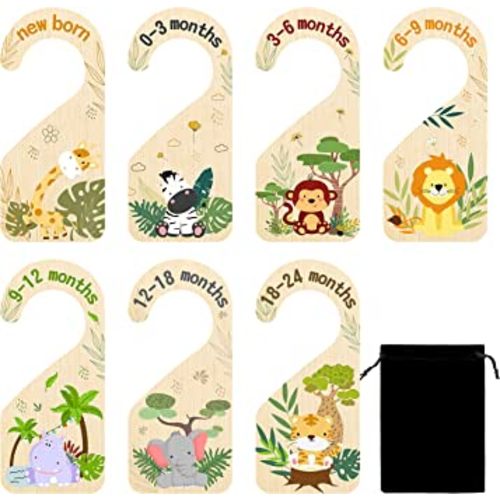 R HORSE 8Pcs Safari Baby Closet Dividers Double Sided Baby Closet Organizers Nursery Hanger Dividers Wood Baby Closet Size Dividers for Baby Boy Girls Baby Shower Birthday Gift Christmas (0-24 Months)