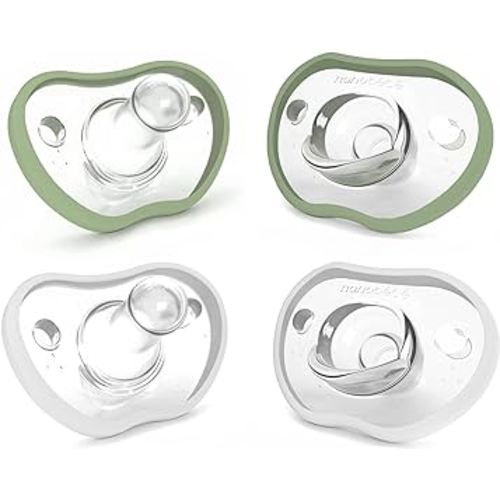 Nanobebe Baby Pacifiers 0-3 Month - Orthodontic, Curves Comfortably with Face Contour, Award Winning for Breastfeeding Babies, 100% Silicone, Baby Registry Gift 4pk, Sage/White
