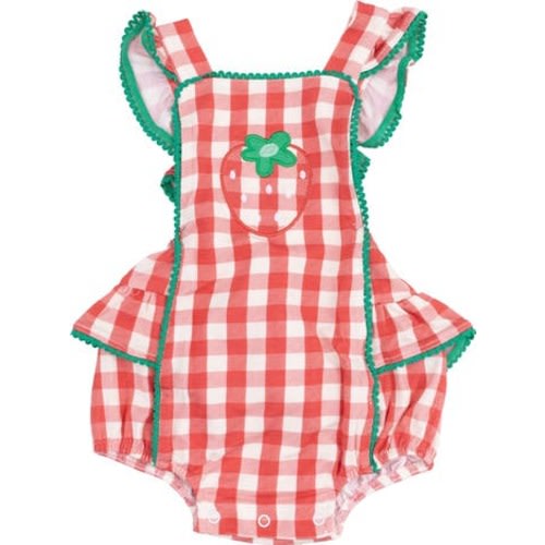 Strawberry Gingham Rickrack Organic Cotton Muslin Bodysuit, 0-3M