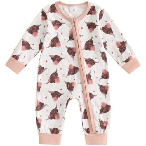 FIOMVA Western Baby Girl Clothes Newborn Cowgirl Outfit Infant Boy Highland Cow Print Jumpsuit Fall Winter Cowboy Outfits