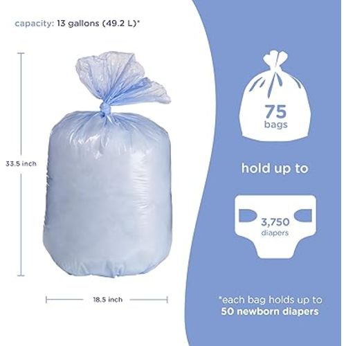 Ubbi Diaper Pail Plastic Bags, Disposable Baby Waste Bags, 3 Pack, 75 Count, 13-Gallon Bags