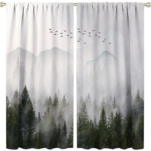 Misty Forest Curtains Rod Pocket Nature Landscape Foggy Mountains Pines Fir Tree Camping Scenery Rustic Art Printed Bedroom Living Room Window Drapes 2 Panels 42x45in