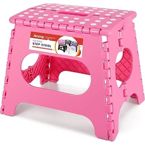 ACSTEP Folding Step Stool for Adults-11 Height Lightweight Plastic Stepping Stool. Foldable Step Stool Hold up to 300lbs Non Slip Collapsible Stool Pink