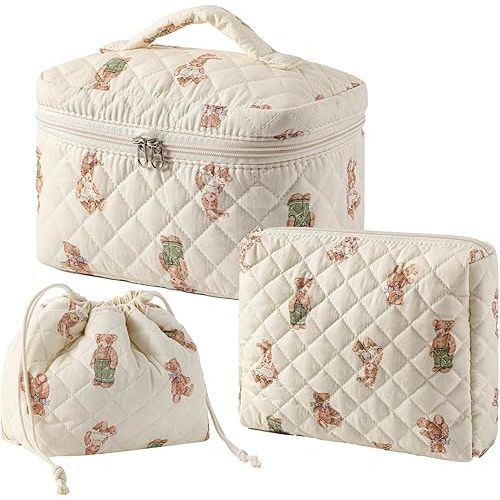 3pcs Large Cotton Quilted Makeup Bag Set,Coquette Aesthetic Cute Travel Toiletry Bag,Drawstring Gift Bag for Women and Girls(3Pcs White Bear)