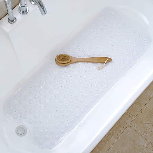 Tree Bud Bathtub Mats for Shower Tub Non-Slip Bath Mat 39 x 16 Inch Extra Long Shower Mat, Bath Tub Mat for Bathroom with Machine Washable, BPA Free for Kids (White)