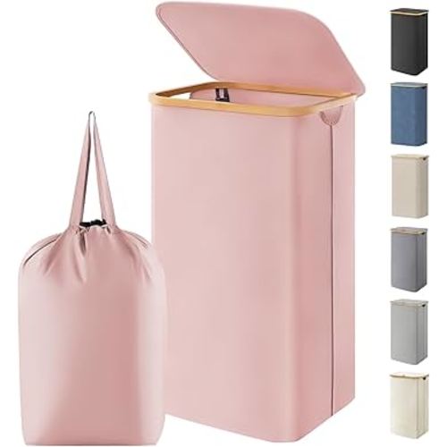 Lifewit 100L Laundry Basket with Lid, Clothes Hampers for Laundry with Bamboo Handles and 1 Removable Bag, Large Foldable Laundry Hamper for Bedroom, Bathroom, Dorm, Laundry Room, Pink