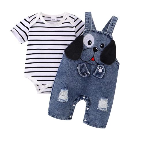 Baby Boy Clothes Newborn Striped Romper Summer Outfits + Infant Cartoon Animals Jeans Suspender Overalls 0-18 Months