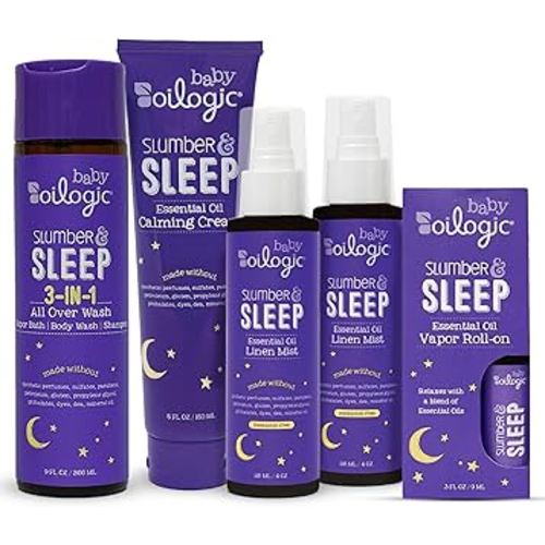 Oilogic Slumber & Sleep Bath Baby Essentials Gift Set - Includes All Over Wash, Calming Cream, Sleep Spray & Roll-On Essential Oils - Pediatrician-Tested Sleep, Comfort & Wellness Blends for Babies