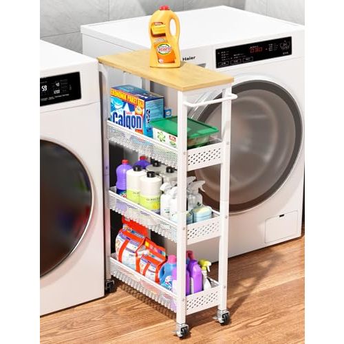 OKZEST Utility Slim Storage Cart, 4 Tier Small Rolling Kitchen Laundry Room Cart with Wood Top, Metal Narrow Bathroom Storage Cabinet Mobile Shelf Unit Organizer Trolley with Handle for Narrow Space