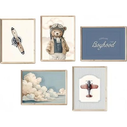 Ensemble de décoration murale vintage pour chambre d'enfant avec ours en peluche - Décoration de chambre de garçon - Lot de 5 images rétro - Décor mural en toile pour chambre de bébé - Avion vintage