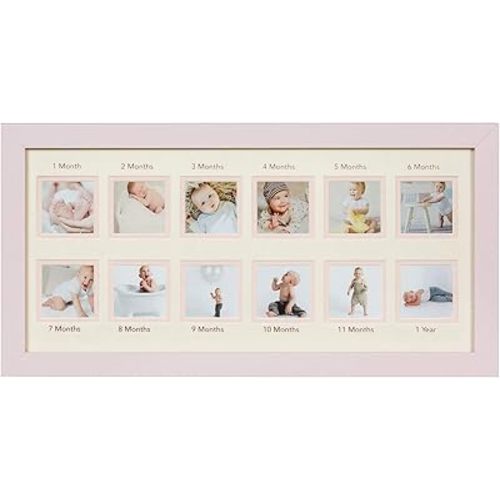 WOOD SIDE ORBIS First Year Newborn Baby Collage Keepsake Picture Frame for Photo Memories with Double Beige Mat and Twelve 2.5x2.5 Slots - Pink