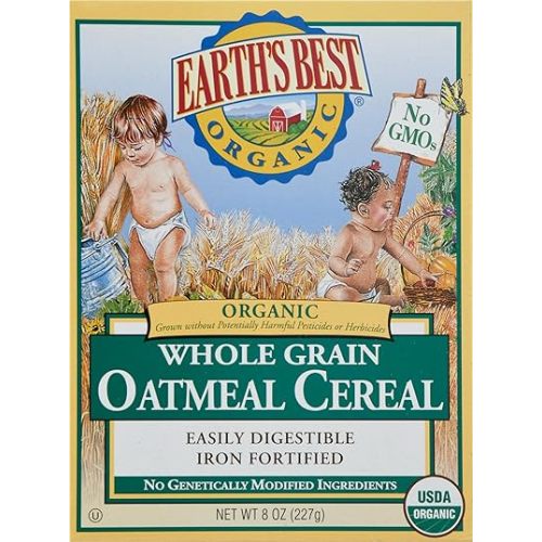 Earth's Best Organic Baby Food, Whole Grain Oatmeal Cereal, Non-GMO, Easily Digestible and Iron Fortified 8 oz Box
