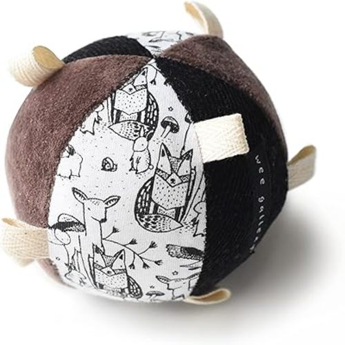 Wee Gallery, Taggy Ball with Rattle - Developmental Activity for Babies - Visual Stimulation, Motor Skills, Soft Interactive Sensory Toy for Infant Play (Woodland Theme)