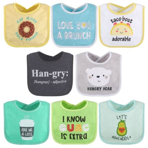 The Peanutshell Unisex Terry Cotton Baby Bibs, 8-pack, Geen/blue/yellow