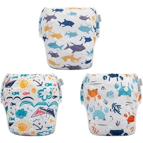 Babygoal Swim Diapers 3 Pack for 8M-3T Babies and Toddlers, Reusable Adjustable Washable for Baby Girl and Boy Swimming Lessons-Crab,Shark