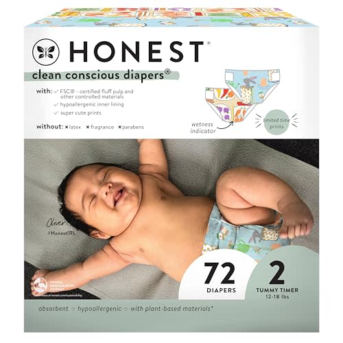 The Honest Company Clean Conscious Diapers for Sensitive Skin | Hypoallergenic, Fragrance Free | Spring '25 Limited Edition Prints | Club Box, Size 2 (12-18 lbs), 72 Count