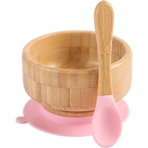 Baby Bamboo Bowls with Suction and Matching Spoon Set,2PC Feeding Supplies Set for Infant, Toddlers,Detachable Silicone Suction Stay Put Base for Wooden Bowl （Pink）
