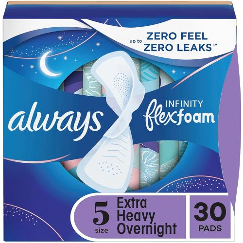 Always Infinity Feminine Pads for Women, Size 5 Extra Heavy Overnight, with Wings, unscented, 30 Count