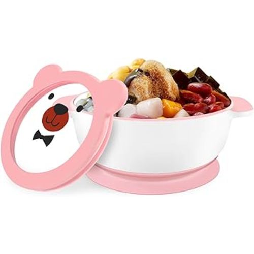 Mrs. Chou™ Ceramic Suction Bowl for Babies and Toddlers, Non-Slip Silicone Suction Cup, BPA-Free Lids, Independent feeding, First Stage Self Feeding Essential, Baby-Led Weaning Snack Feeder