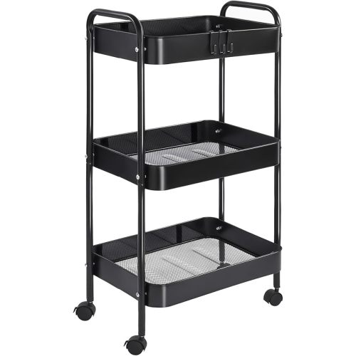 Vtopmart 3 Tier Metal Rolling Cart with Wheels, Utility Storage Cart with Handle and Lockable Casters, Storage Basket Organizer Shelves, Easy Assemble for Kitchen, Living Room, Office, Nursery, Black